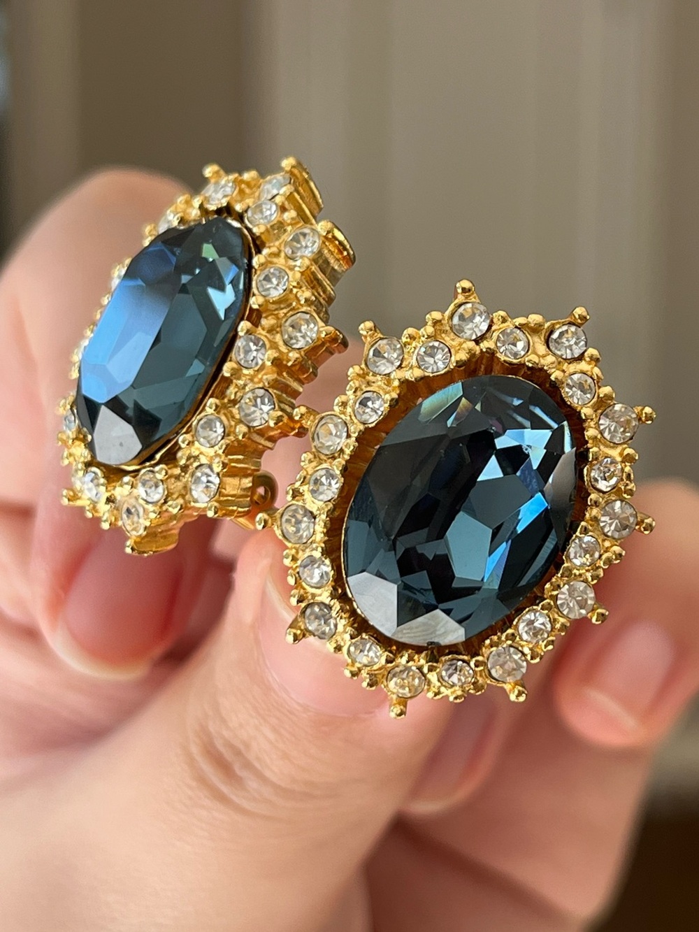 Authentic Vintage Dior Starburst Celestial Blue Rhinestone Gold Clip-On Earrings